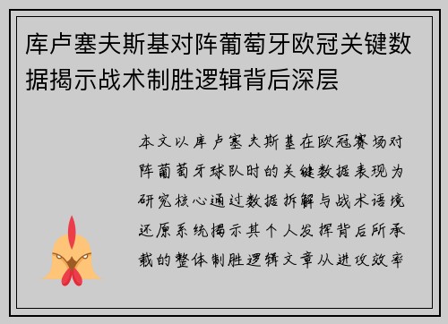 库卢塞夫斯基对阵葡萄牙欧冠关键数据揭示战术制胜逻辑背后深层